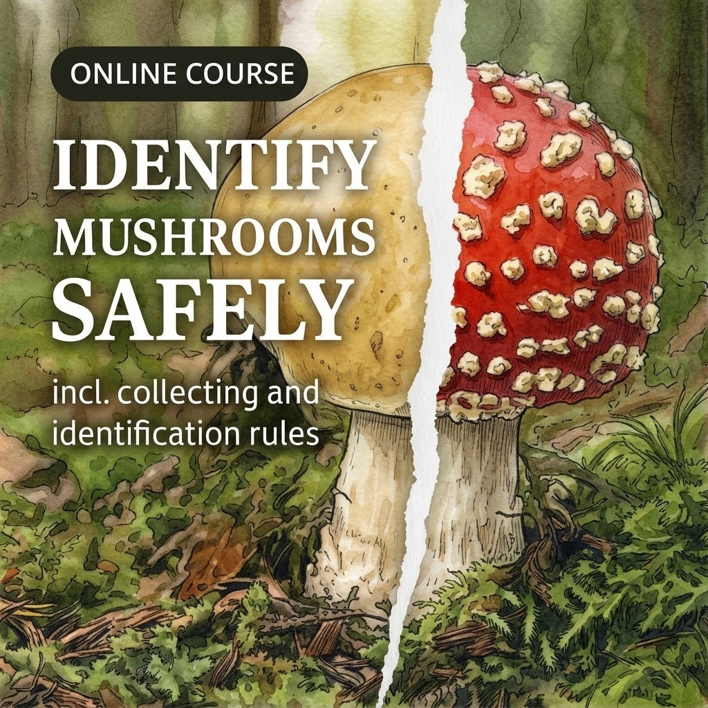 Digital Mushroom Class for Beginners: watercolor of an edible mushroom next to a fly agaric