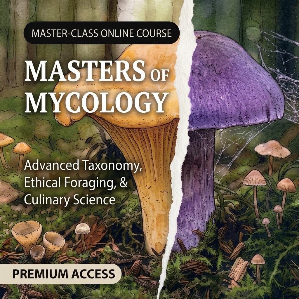 Masters of Mycology online course: watercolor of a chanterelle and a violet webcap